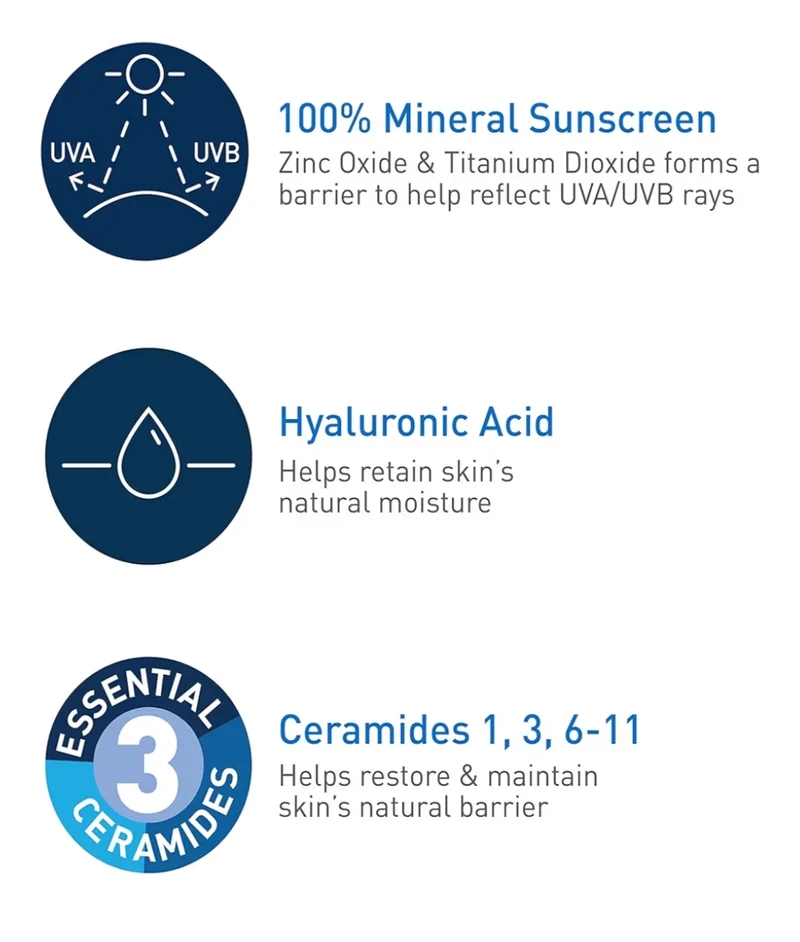 CeraVe 100% Mineral Sunscreen SPF 50 w/ Zinc Oxide & Titanium Dioxide, Hyaluronic Acid & Ceramides, Oil Free (5 oz)