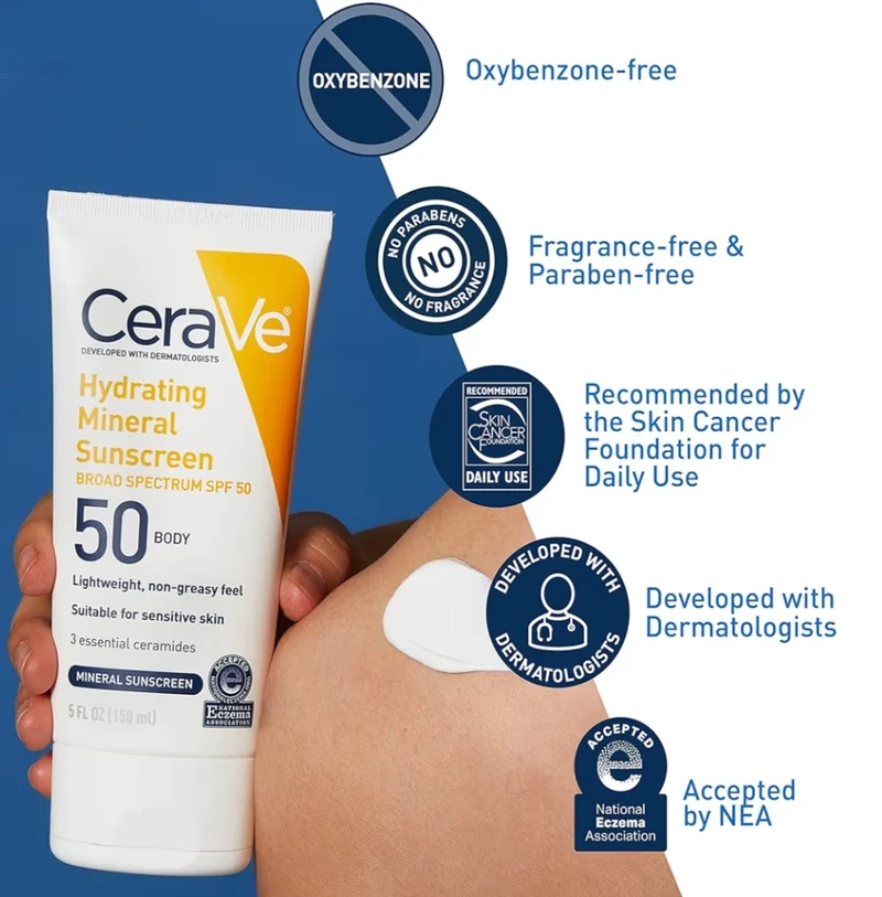 CeraVe 100% Mineral Sunscreen SPF 50 w/ Zinc Oxide & Titanium Dioxide, Hyaluronic Acid & Ceramides, Oil Free (5 oz)
