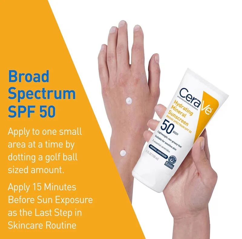 CeraVe 100% Mineral Sunscreen SPF 50 w/ Zinc Oxide & Titanium Dioxide, Hyaluronic Acid & Ceramides, Oil Free (5 oz)