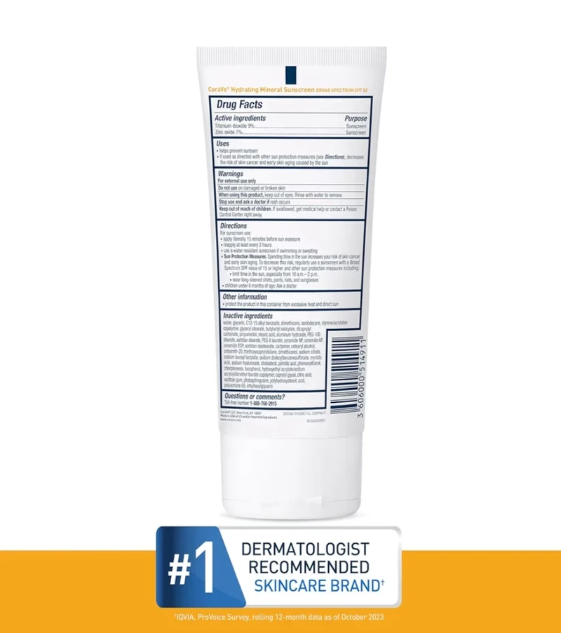 CeraVe 100% Mineral Sunscreen SPF 50 w/ Zinc Oxide & Titanium Dioxide, Hyaluronic Acid & Ceramides, Oil Free (5 oz)