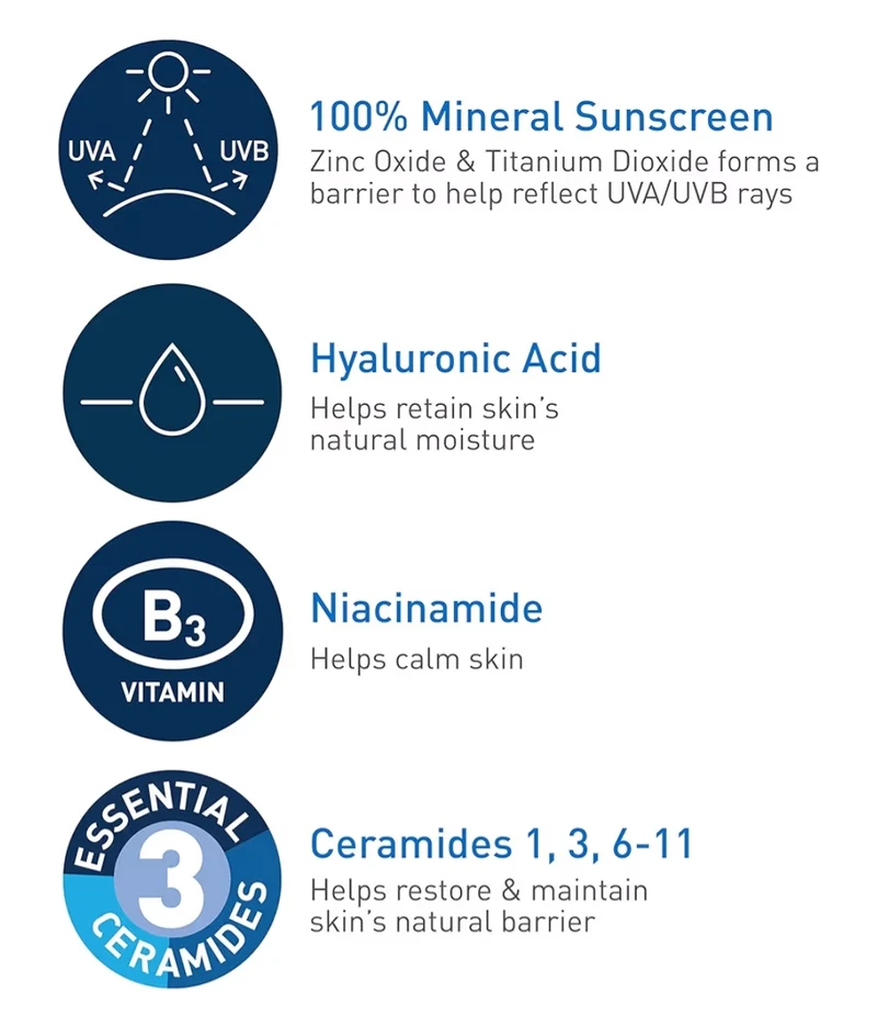 CeraVe 100% Mineral Sunscreen SPF 30 w/ Zinc Oxide & Titanium Dioxide, Hyaluronic Acid + Niacinamide + Ceramides Travel Size (2.5 oz)