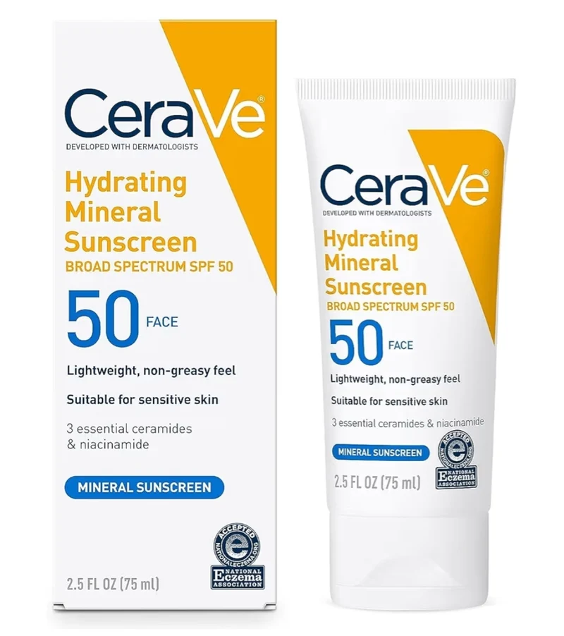 CeraVe 100% Mineral Sunscreen SPF 50, Face sunscreen w/ Zinc Oxide & Titanium Dioxide, Hyaluronic Acid + Niacinamide Travel Size (2.5 oz)