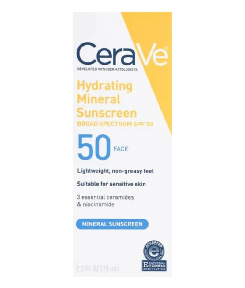 CeraVe 100% Mineral Sunscreen SPF 50, Face sunscreen w/ Zinc Oxide & Titanium Dioxide, Hyaluronic Acid + Niacinamide Travel Size (2.5 oz)