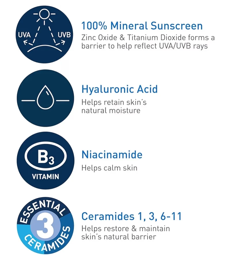 CeraVe 100% Mineral Sunscreen SPF 50, Face sunscreen w/ Zinc Oxide & Titanium Dioxide, Hyaluronic Acid + Niacinamide Travel Size (2.5 oz)