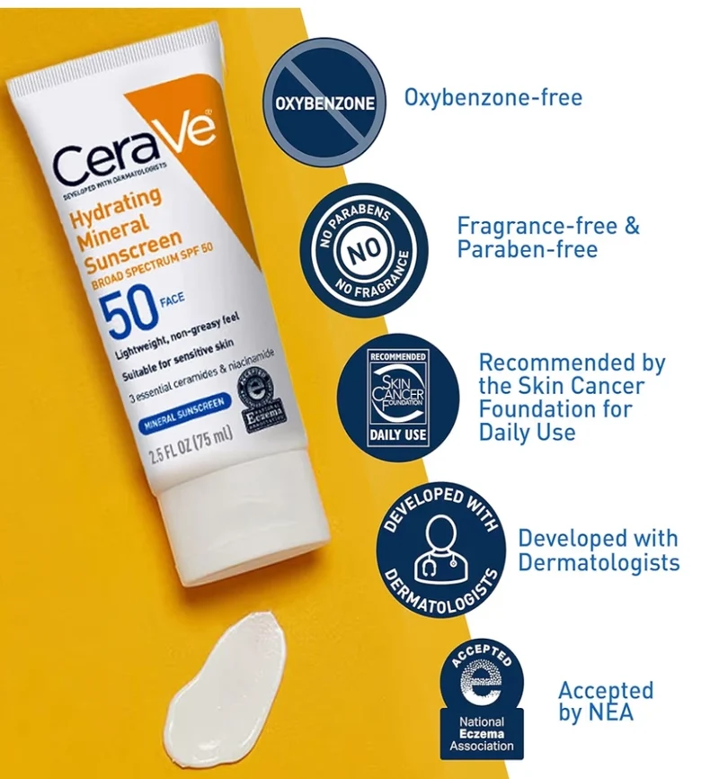 CeraVe 100% Mineral Sunscreen SPF 50, Face sunscreen w/ Zinc Oxide & Titanium Dioxide, Hyaluronic Acid + Niacinamide Travel Size (2.5 oz)