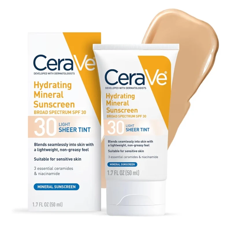 CeraVe Hydrating Mineral Sunscreen SPF 30 w/ Sheer Tint, w/ Zinc Oxide & Titanium Dioxide Light (1.7 Oz)