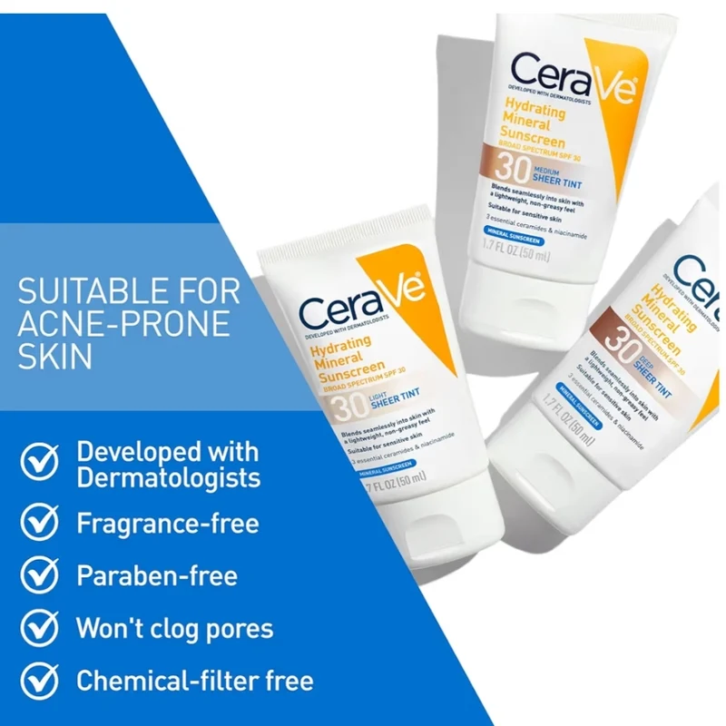 CeraVe Hydrating Mineral Sunscreen SPF 30 w/ Sheer Tint, w/ Zinc Oxide & Titanium Dioxide Light (1.7 Oz)