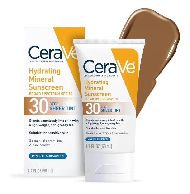 CeraVe Hydrating Mineral Sunscreen SPF 30 Tinted Mineral Sunscreen w/ Zinc Oxide & Titanium Dioxide (1.7 Oz)