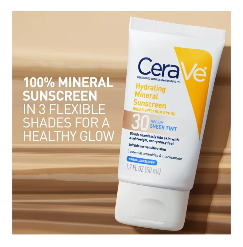 CeraVe Hydrating Mineral Sunscreen SPF 30 Tinted Mineral Sunscreen w/ Zinc Oxide & Titanium Dioxide (1.7 Oz)