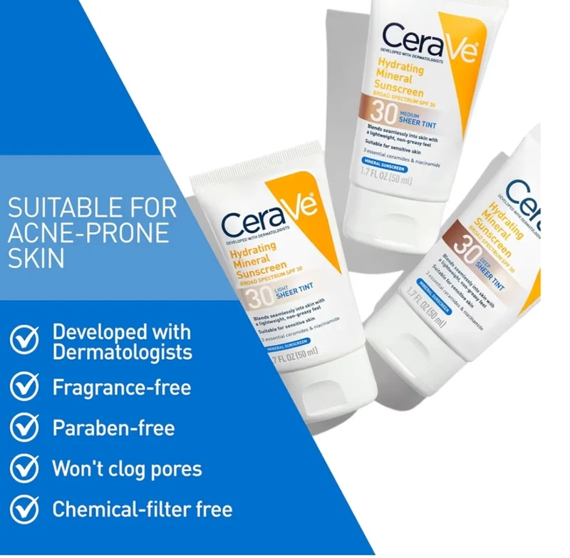 CeraVe Hydrating Mineral Sunscreen SPF 30 Tinted Mineral Sunscreen w/ Zinc Oxide & Titanium Dioxide (1.7 Oz)