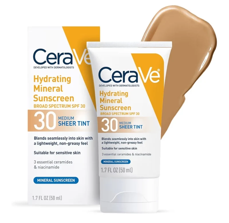 CeraVe Hydrating Mineral Sunscreen SPF 30 Tinted Mineral Sunscreen Blends Seamlessly For Healthy Glow, Medium (1.7 Fluid Oz)