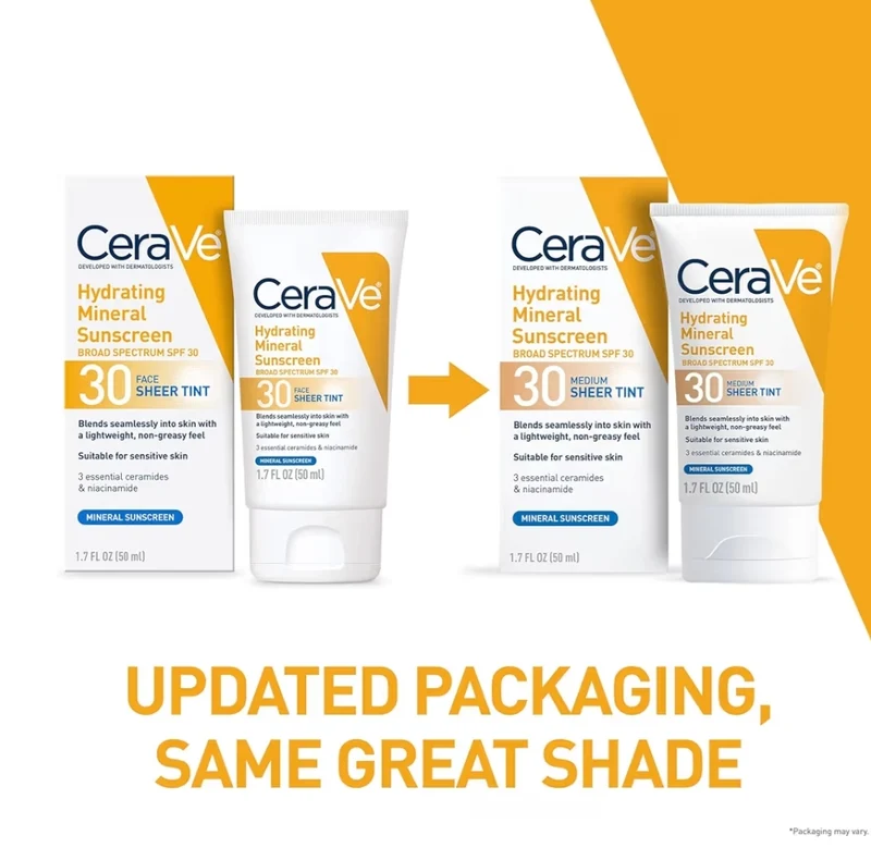 CeraVe Hydrating Mineral Sunscreen SPF 30 Tinted Mineral Sunscreen Blends Seamlessly For Healthy Glow, Medium (1.7 Fluid Oz)