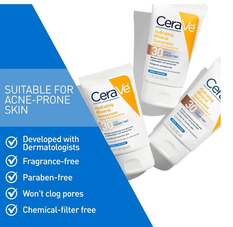 CeraVe Hydrating Mineral Sunscreen SPF 30 Tinted Mineral Sunscreen Blends Seamlessly For Healthy Glow, Medium (1.7 Fluid Oz)