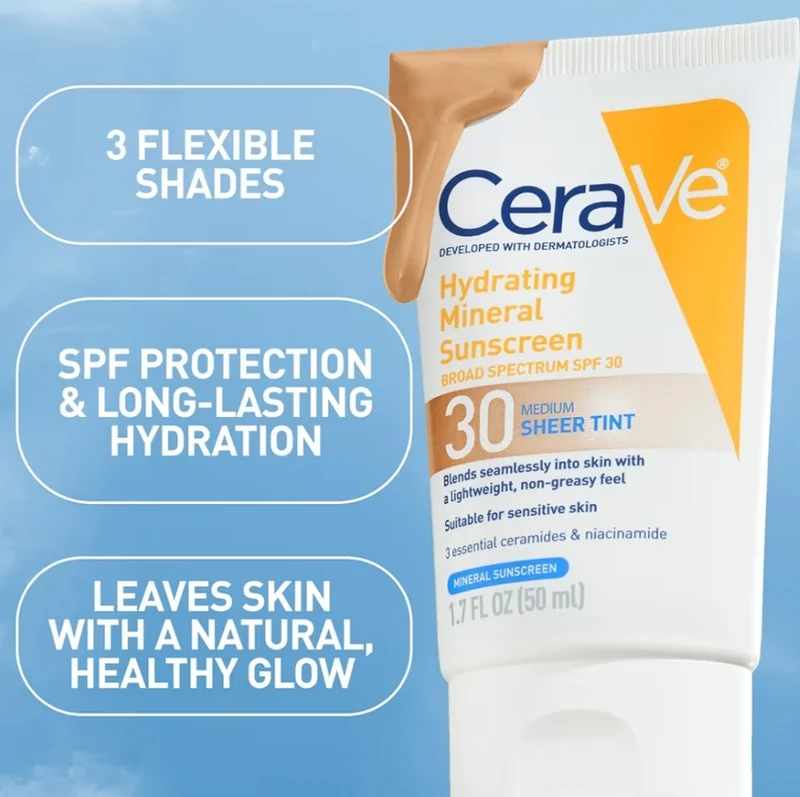CeraVe Hydrating Mineral Sunscreen SPF 30 Tinted Mineral Sunscreen Blends Seamlessly For Healthy Glow, Medium (1.7 Fluid Oz)