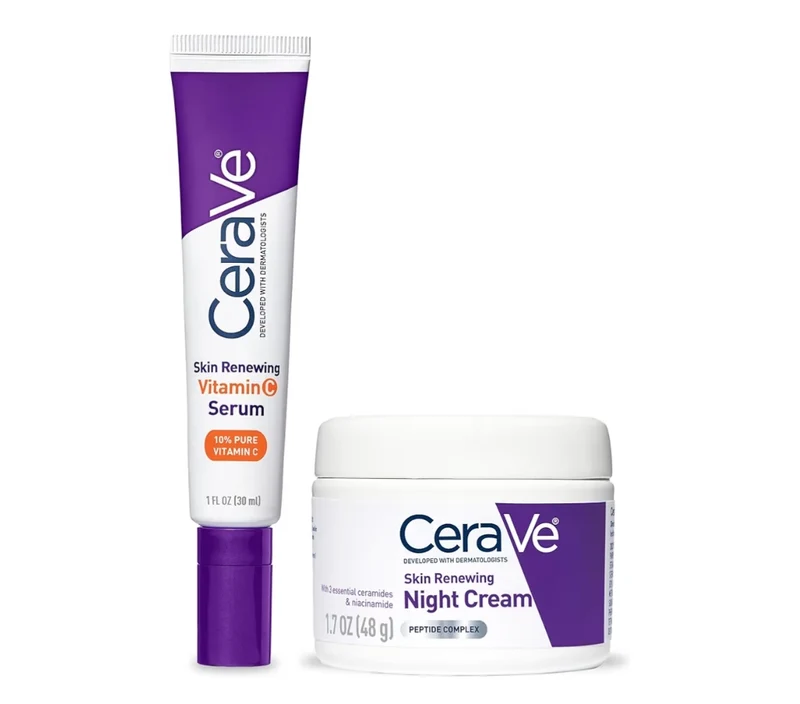 CeraVe Vitamin C Serum and Night Cream Skin Care Set, Brightening Serum + Hyaluronic Acid, Travel Essentials + 1.7oz Moisturizer