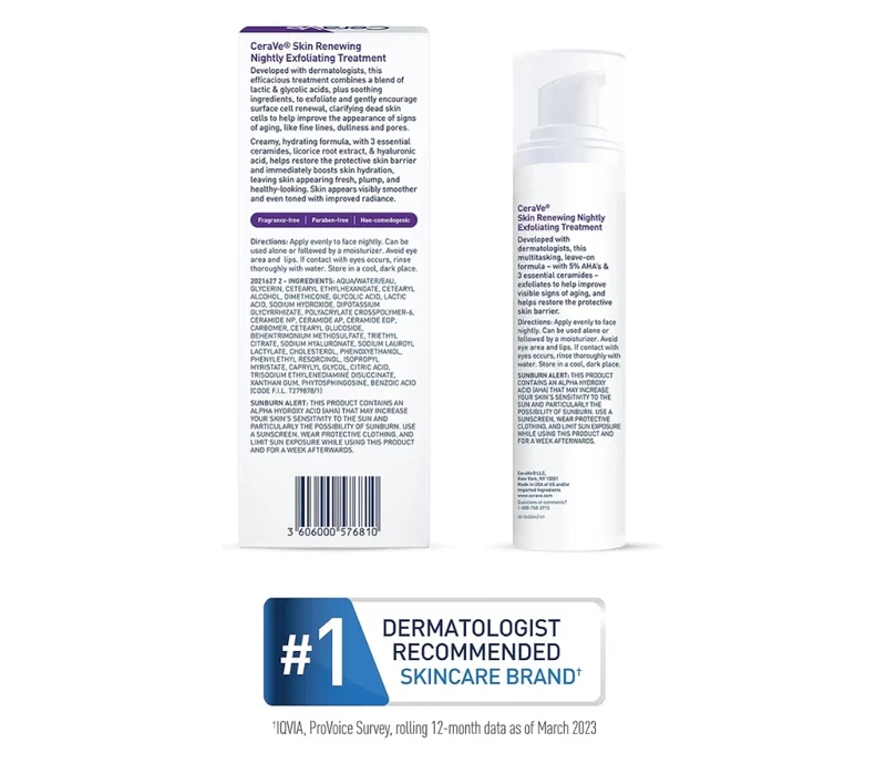 CeraVe Skin Renewing Nightly Exfoliating Treatment, Anti Aging Serum w/ 5% Glycolic Acid & Lactic Acid Exfoliating Gel (1.7 Oz)