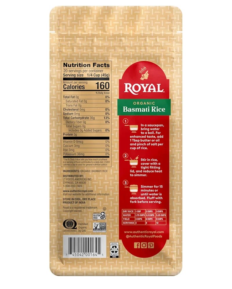 Organic Royal White Long Grain Basmati Rice - 2lb Bag