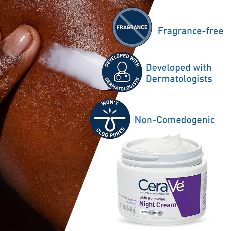 CeraVe Skin Renewing Night Cream, Niacinamide, Peptide Complex, and Hyaluronic Acid Moisturizer 1.7 Oz - Packaging may Vary