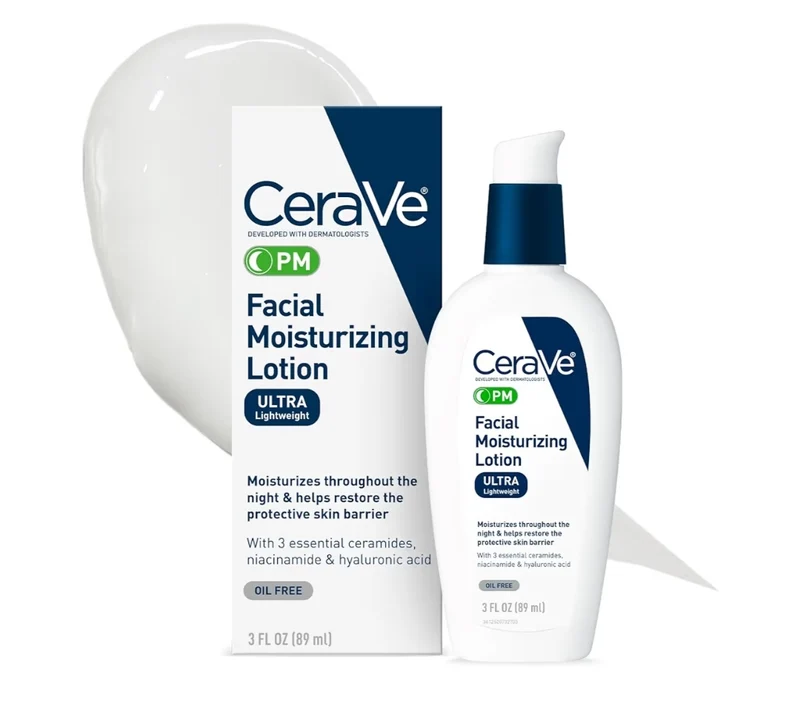 CeraVe PM Facial Moisturizing Lotion, Night Cream with Hyaluronic Acid and Niacinamide, Ultra-Lightweight, Oil-Free Moisturizer (3 oz)