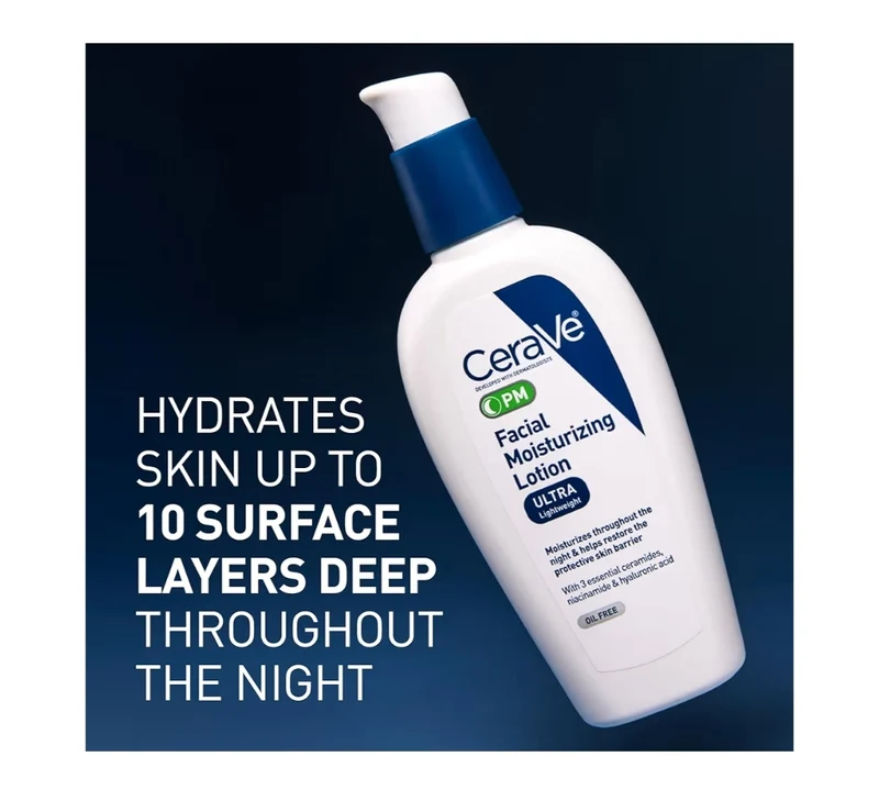 CeraVe PM Facial Moisturizing Lotion, Night Cream with Hyaluronic Acid and Niacinamide, Ultra-Lightweight, Oil-Free Moisturizer (3 oz)