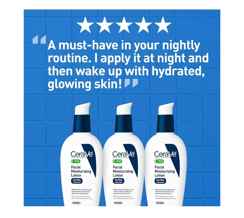 CeraVe PM Facial Moisturizing Lotion, Night Cream with Hyaluronic Acid and Niacinamide, Ultra-Lightweight, Oil-Free Moisturizer (3 oz)