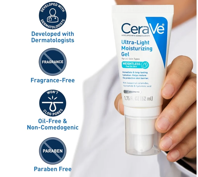 CeraVe Ultra-Light Moisturizing Gel, Hydrating Gel Face Moisturizer w/ Ceramides, Niacinamide, Hyaluronic Acid, Fragrance Free- 1.75 FL oz