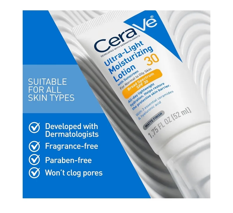 CeraVe Ultra-Light Moisturizing Lotion w/ SPF 30, Daily Face Moisturizer Formulated with Hyaluronic Acid & Ceramides -1.7 oz