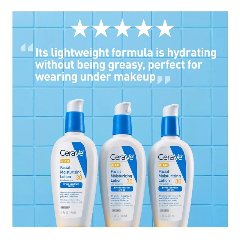 CeraVe AM Facial Moisturizing Lotion w/ SPF 30, Oil-Free Face Moisturizer Hyaluronic Acid, Niacinamide & Ceramides, Non-Comedogenic (3 oz)