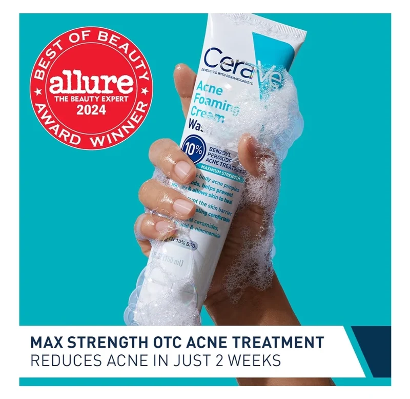 CeraVe Acne Foaming Cream Wash, Gentle Face and Body Cleanser w/ Benzoyl Peroxide 10%, Hyaluronic Acid, and Niacinamide (5 oz)