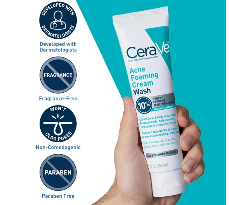 CeraVe Acne Foaming Cream Wash, Gentle Face and Body Cleanser w/ Benzoyl Peroxide 10%, Hyaluronic Acid, and Niacinamide (5 oz)