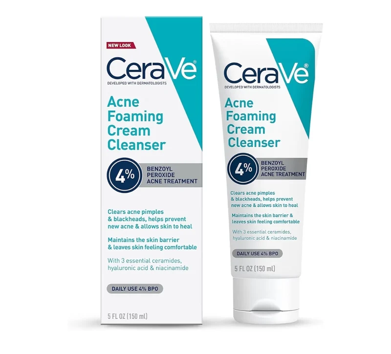 CeraVe Acne Foaming Cream Cleanser, 4% Benzoyl Peroxide Face Wash w/ Hyaluronic Acid, Niacinamide & Ceramides