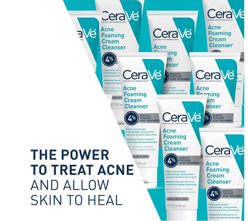 CeraVe Acne Foaming Cream Cleanser, 4% Benzoyl Peroxide Face Wash w/ Hyaluronic Acid, Niacinamide & Ceramides