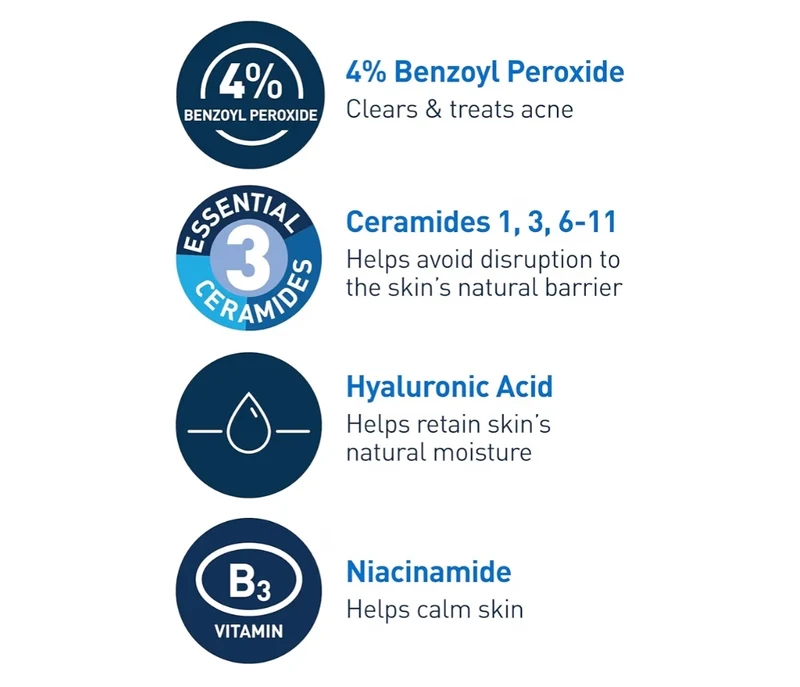 CeraVe Acne Foaming Cream Cleanser, 4% Benzoyl Peroxide Face Wash w/ Hyaluronic Acid, Niacinamide & Ceramides