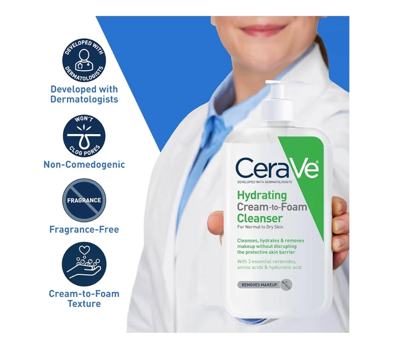 CeraVe Hydrating Cream To Foam Cleanser, Makeup Remover Foaming Facial Cleanser w/ Hyaluronic Acid, Normal To Dry Skin - 19 oz