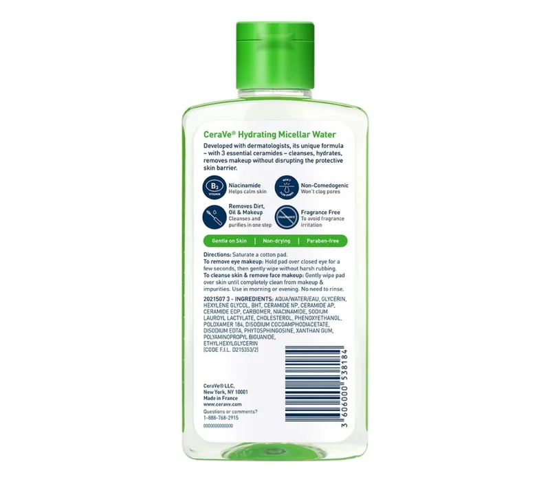 CeraVe Micellar Water, Hydrating Facial Cleanser & Eye Makeup Remover w/ Niacinamide, Ceramides & Glycerin, Fragrance-Free (10 Oz)