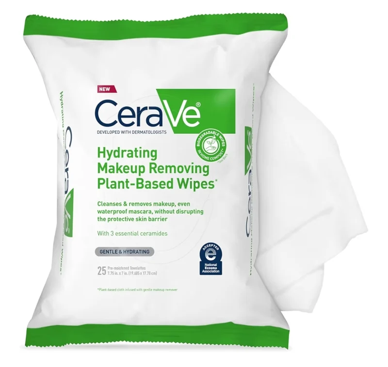 CeraVe Makeup Remover Wipes, Plant Based Face Wipes Waterless Face Wash Suitable for Sensitive Skin Non-comedogenic (25ct)