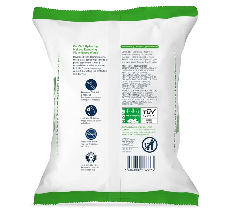 CeraVe Makeup Remover Wipes, Plant Based Face Wipes Waterless Face Wash Suitable for Sensitive Skin Non-comedogenic (25ct)