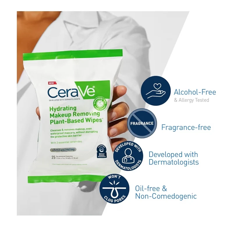CeraVe Makeup Remover Wipes, Plant Based Face Wipes Waterless Face Wash Suitable for Sensitive Skin Non-comedogenic (25ct)