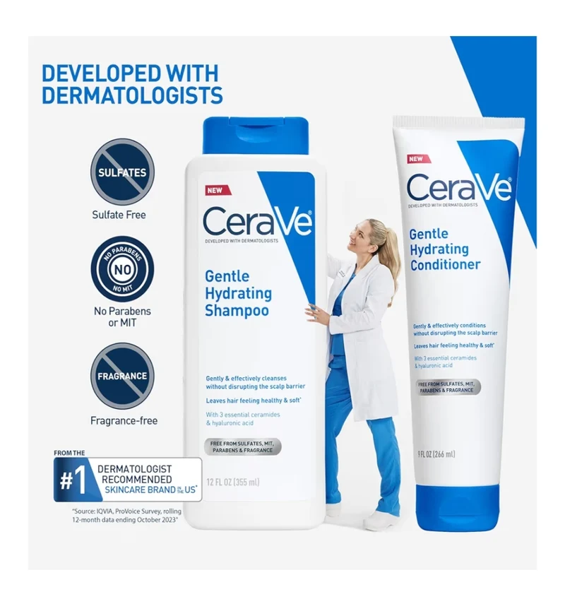 CeraVe Gentle Hydrating Shampoo and Conditioner Set, w/ Ceramides, Niacinamide & Hyaluronic Acid For Soft - For All Hair Types