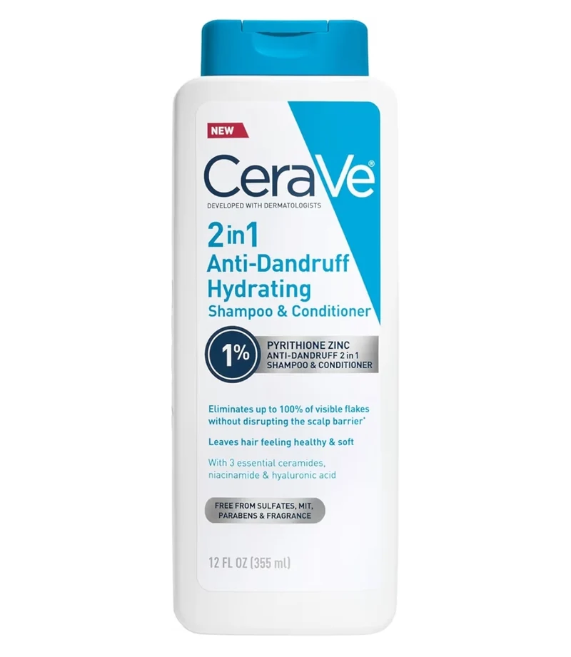 CeraVe 2 In 1 Hydrating Anti Dandruff Shampoo And Conditioner, 1% Pyrithione Zinc Dandruff Treatment, Color Safe & Sulfate Free - Relieve Itchy Scalp