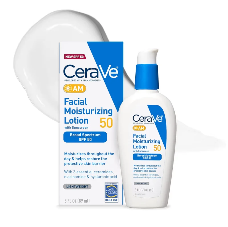 CeraVe AM Facial Moisturizing Lotion SPF 50 Hyaluronic Acid, Niacinamide & Ceramides Non Comedogenic Sunscreen (3 Oz)