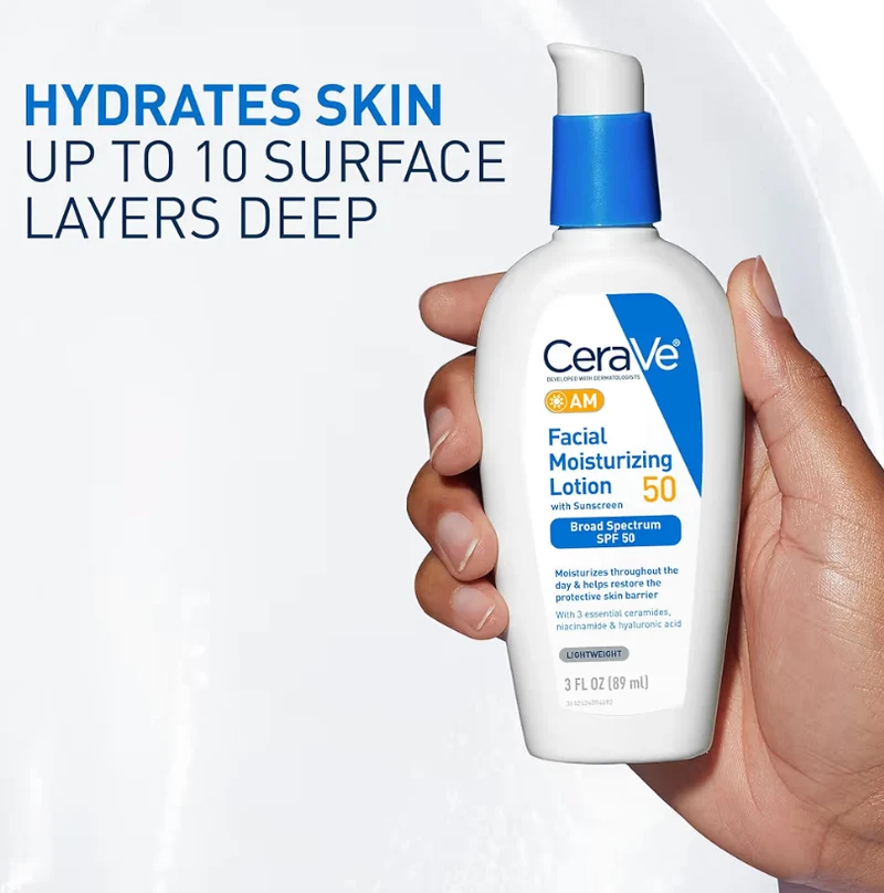 CeraVe AM Facial Moisturizing Lotion SPF 50 Hyaluronic Acid, Niacinamide & Ceramides Non Comedogenic Sunscreen (3 Oz)
