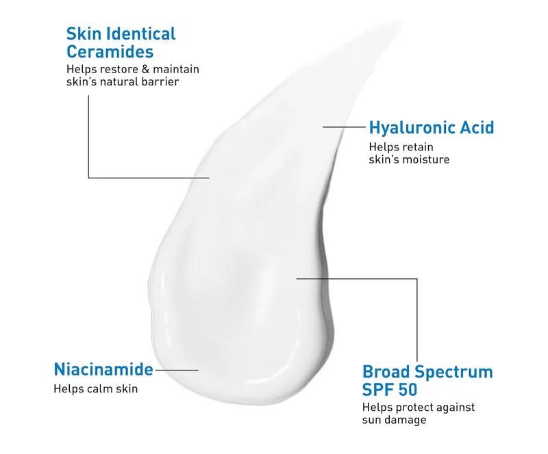 CeraVe AM Facial Moisturizing Lotion SPF 50 Hyaluronic Acid, Niacinamide & Ceramides Non Comedogenic Sunscreen (3 Oz)