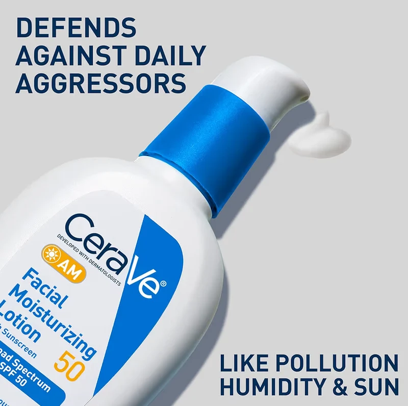 CeraVe AM Facial Moisturizing Lotion SPF 50 Hyaluronic Acid, Niacinamide & Ceramides Non Comedogenic Sunscreen (3 Oz)