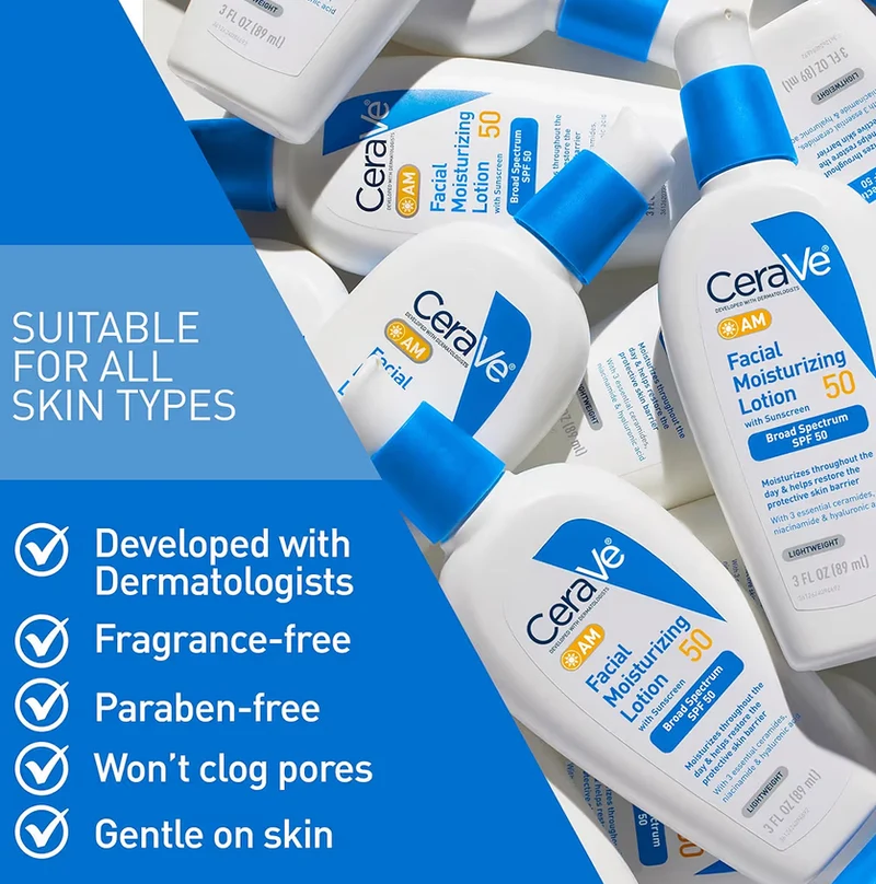CeraVe AM Facial Moisturizing Lotion SPF 50 Hyaluronic Acid, Niacinamide & Ceramides Non Comedogenic Sunscreen (3 Oz)