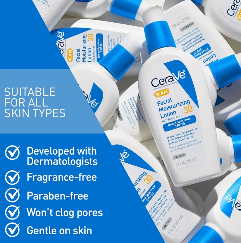 CeraVe AM Facial Moisturizing Lotion SPF 30, Oil-Free Face Moisturizer Hyaluronic Acid, Niacinamide & Ceramides (3 Oz)