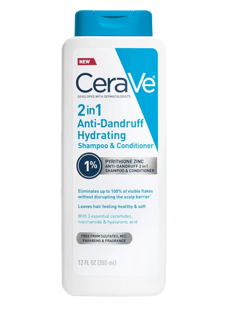 CeraVe 2 In 1 Hydrating Anti Dandruff Shampoo And Conditioner, 1% Pyrithione Zinc Dandruff Treatment - Color Safe & Sulfate Free
