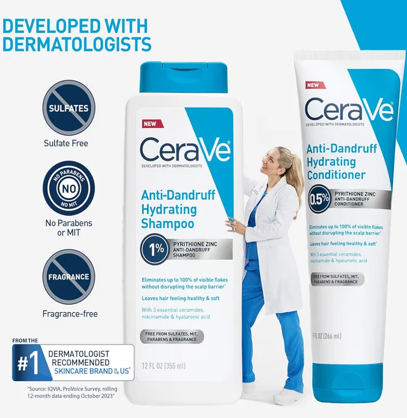 CeraVe 2 In 1 Hydrating Anti Dandruff Shampoo And Conditioner, 1% Pyrithione Zinc Dandruff Treatment - Color Safe & Sulfate Free