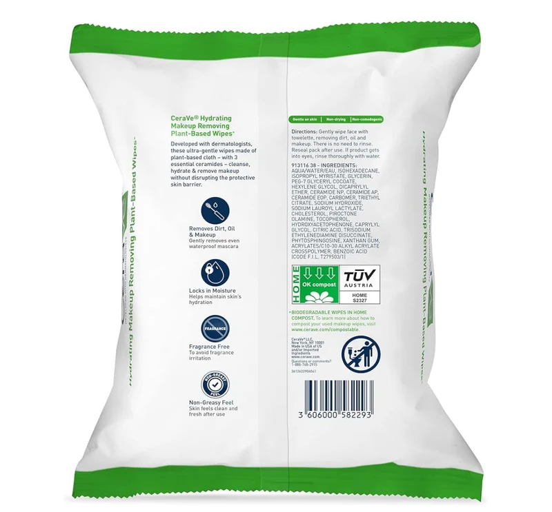 CeraVe Makeup Remover Wipes, Plant Based Biodegradable Waterless Face Wash, Travel Essentials Non-comedogenic -1 PK