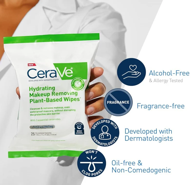 CeraVe Makeup Remover Wipes, Plant Based Biodegradable Waterless Face Wash, Travel Essentials Non-comedogenic -1 PK